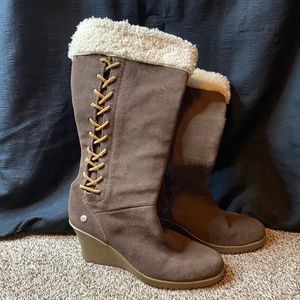 Ugg Felicity Wedge Shearling Leather Tall Boots 8 Brown